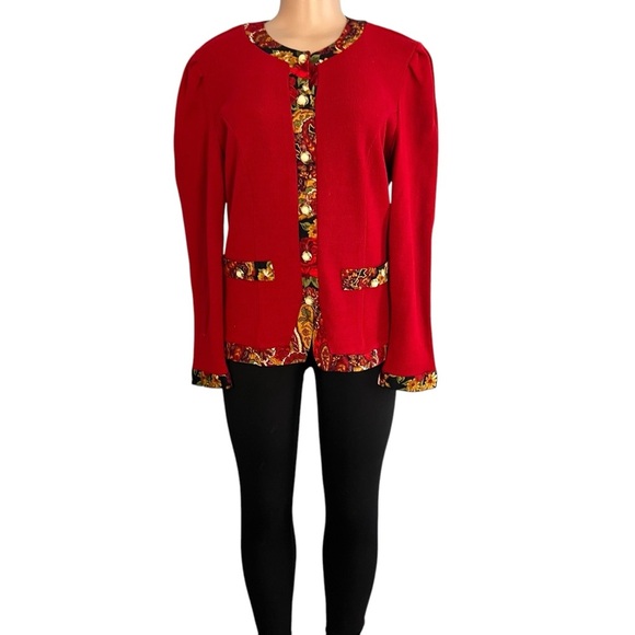 Matthew & David for B.L Vintage Elegant Red Knit Jacket with Patterned Trim - Picture 2 of 9